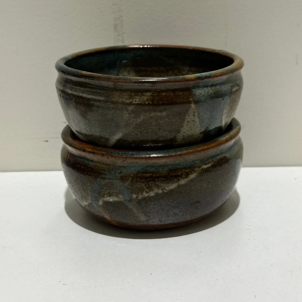 Studio Pottery Signed 93' Handcrafted Glazed Ceramic Bowls Set of 4 Brown Blue